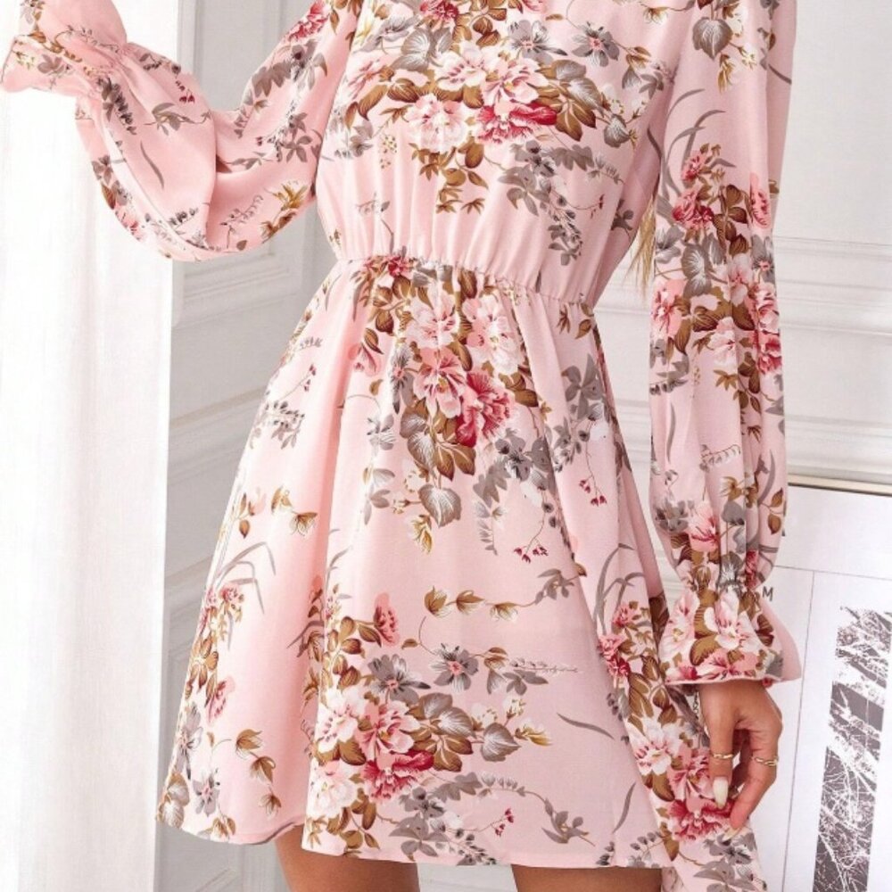 NEW! Size L High Neck Gathered Full Print Long Sleeve Mini Dress in Pink Floral